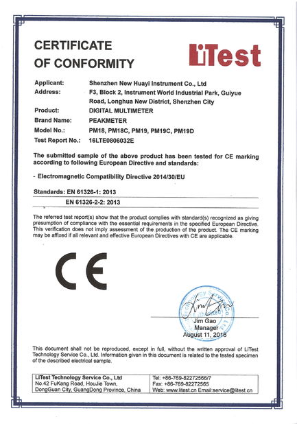 China Shenzhen Huayi Peakmeter Technology Co., Ltd. Certificaten